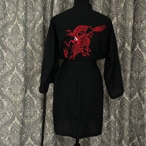 90s VINTAGE Black red embroidered belted kimono robe